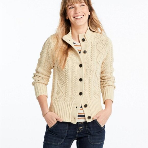 L.L. Bean Signature Cotton Fisherman Sweater Short Cardigan Beige Women Reg (S) - Picture 2 of 8